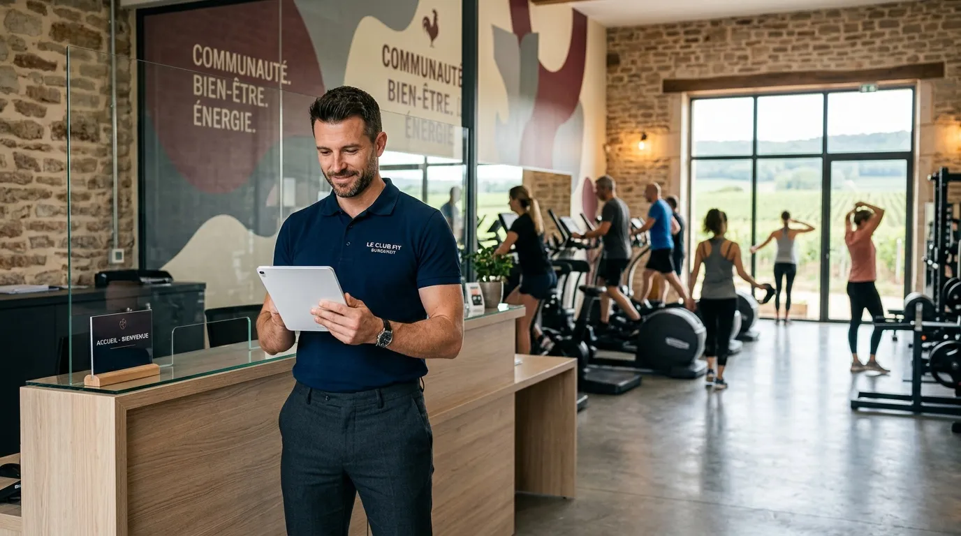 Réceptionniste avec tablette dans un club de fitness