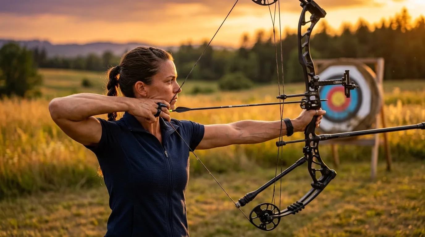 Femme tirant à l'arc en extérieur face à une cible