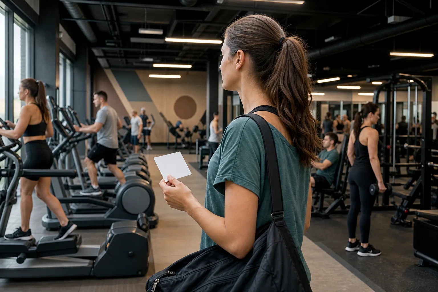 Une femme tenant une carte dâaccĂšs observe les Ă©quipements dâune salle de fitness frĂ©quentĂ©e.