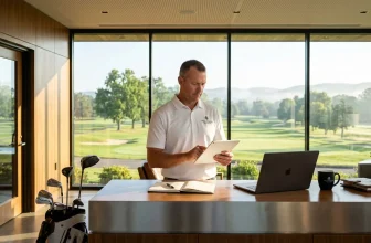 Homme travaillant à son bureau avec vue sur terrain golf