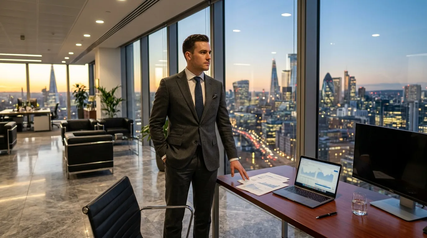 Un adulte en tenue professionnelle se tient dans un bureau devant un ordinateur portable.