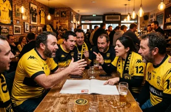 Groupe de supporters en jaune et noir célébrant dans un bar sportif