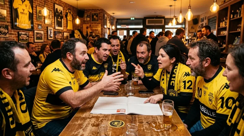 Groupe de supporters en jaune et noir célébrant dans un bar sportif