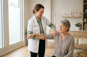 Médecin examinant le bras d'une patiente âgée dans un cabinet