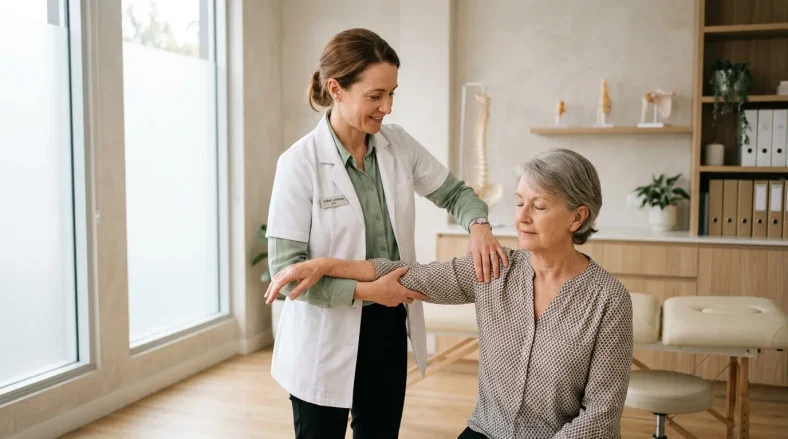 Médecin examinant le bras d'une patiente âgée dans un cabinet