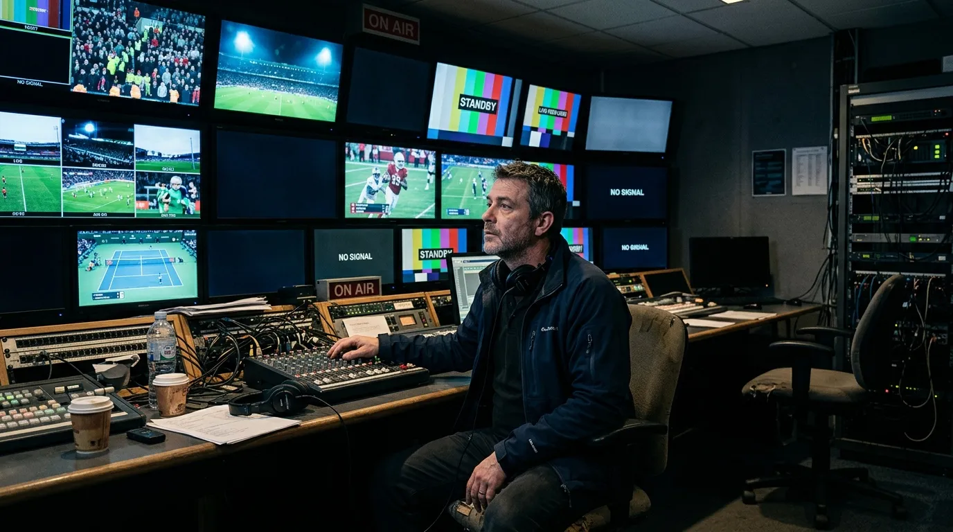 Opérateur en régie technique supervisant multiple flux vidéo sportifs