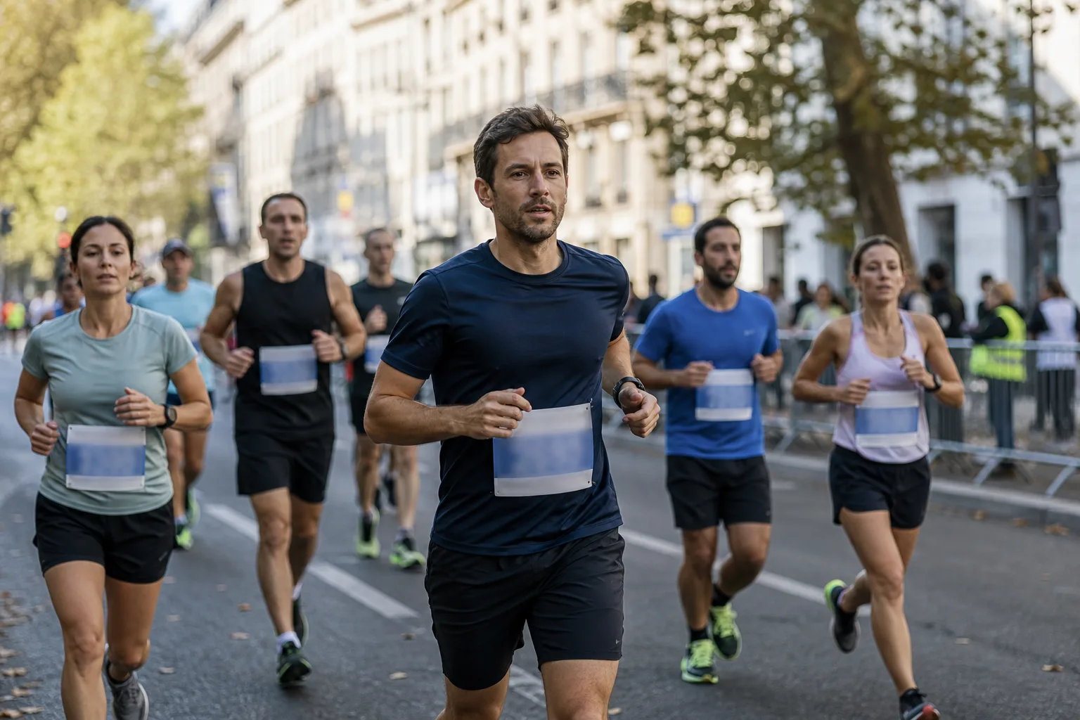 Un groupe de coureurs amateurs avance sur une rue sécurisée pendant une course.