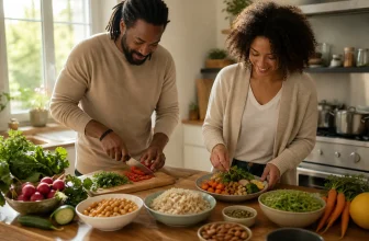 Deux adultes préparent un repas végétal avec légumes, céréales, légumineuses et noix.