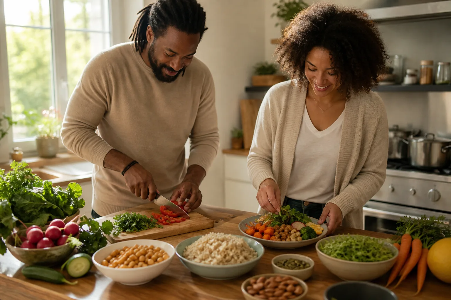 Deux adultes préparent un repas végétal avec légumes, céréales, légumineuses et noix.