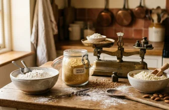 Table de boulangerie vintage avec farines, grains et balance ancienne.