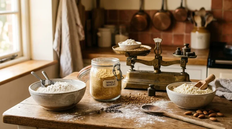 Table de boulangerie vintage avec farines, grains et balance ancienne.
