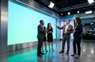 Quatre professionnels discutent dans un studio moderne avec écran géant