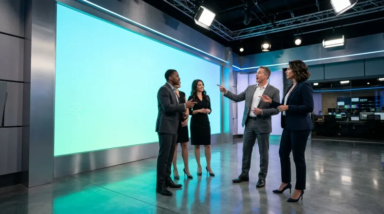 Quatre professionnels discutent dans un studio moderne avec écran géant