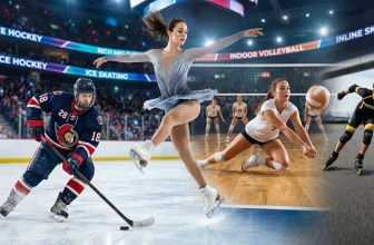 Collage montrant hockey, patinage artistique, volleyball et inline skating