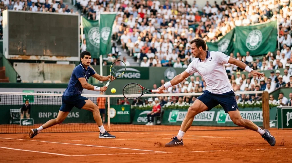 Deux joueurs de tennis en double sur court de terre battue
