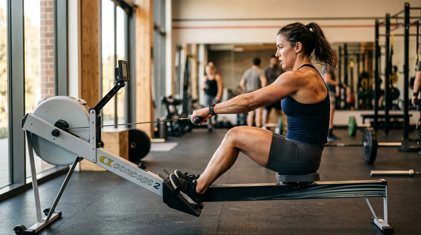 Femme utilisant un rameur Concept2 dans une salle de sport