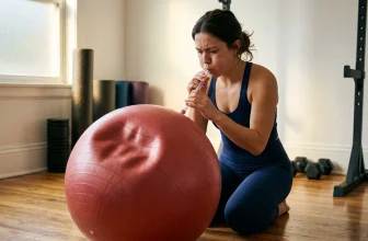 Femme en tenue de sport gonflant un ballon de fitness rouge