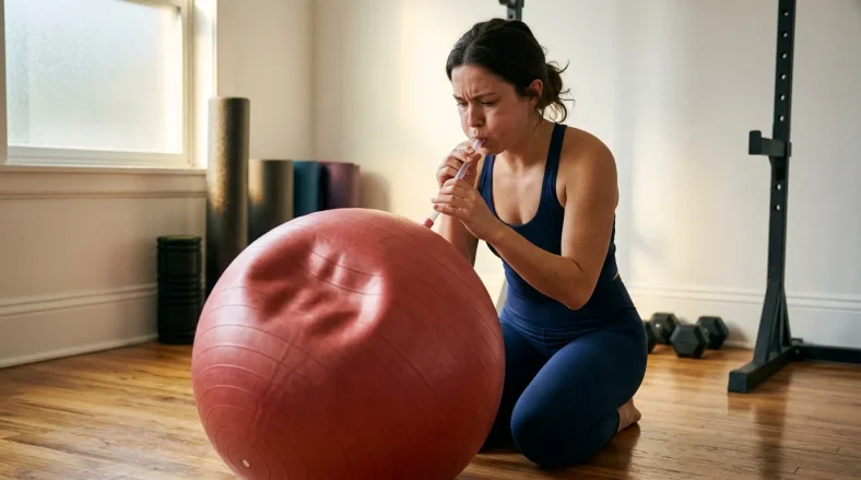 Femme en tenue de sport gonflant un ballon de fitness rouge