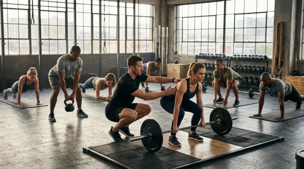 Groupe de personnes effectuant un entraînement fitness en classe collective