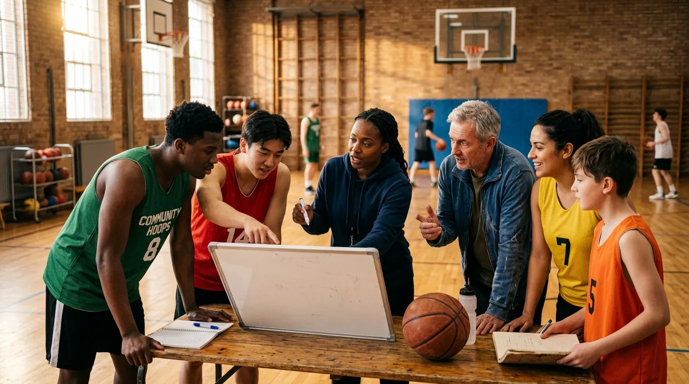 Entraîneur et jeunes joueurs de basketball autour d'un ordinateur portable