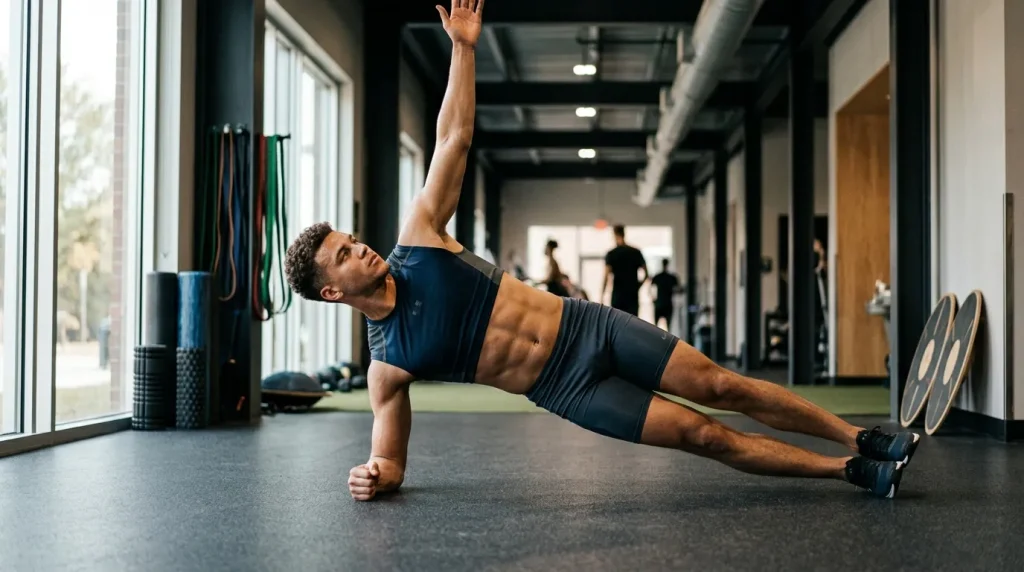 Homme en planche latérale dans une salle de sport moderne