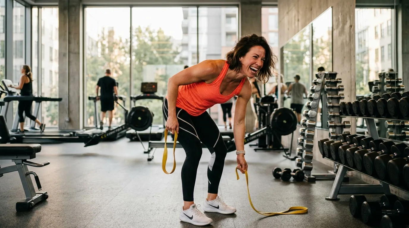 Une adulte réalise un exercice de conditionnement avec une corde dans une salle de sport.
