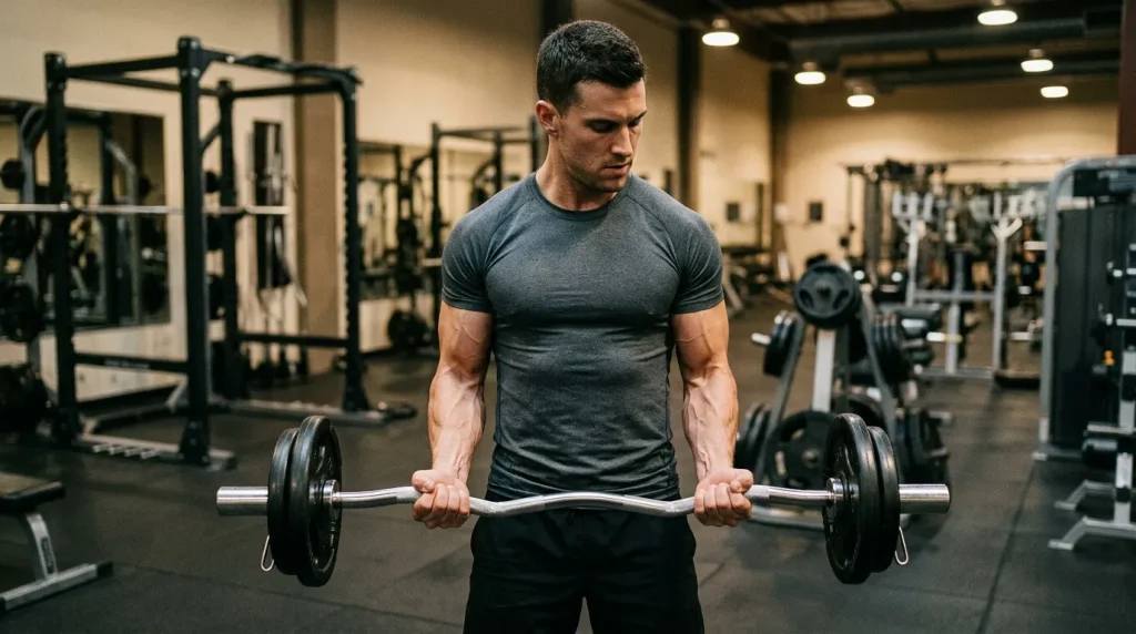 Homme musclé soulevant des haltères en salle de gym