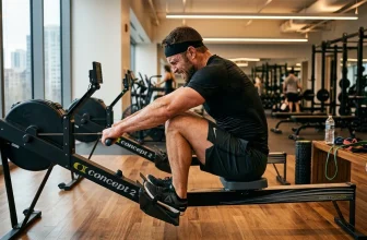 Homme s'entraînant sur un rameur Concept2 en salle de sport moderne