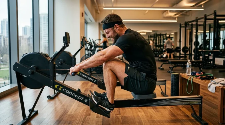 Homme s'entraînant sur un rameur Concept2 en salle de sport moderne