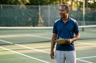 Homme entraîneur souriant tenant un presse-papiers sur court de tennis