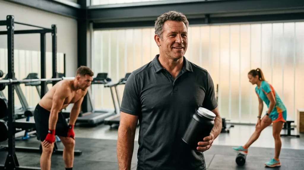 Entraîneur souriant avec clients exerçant dans une salle fitness moderne