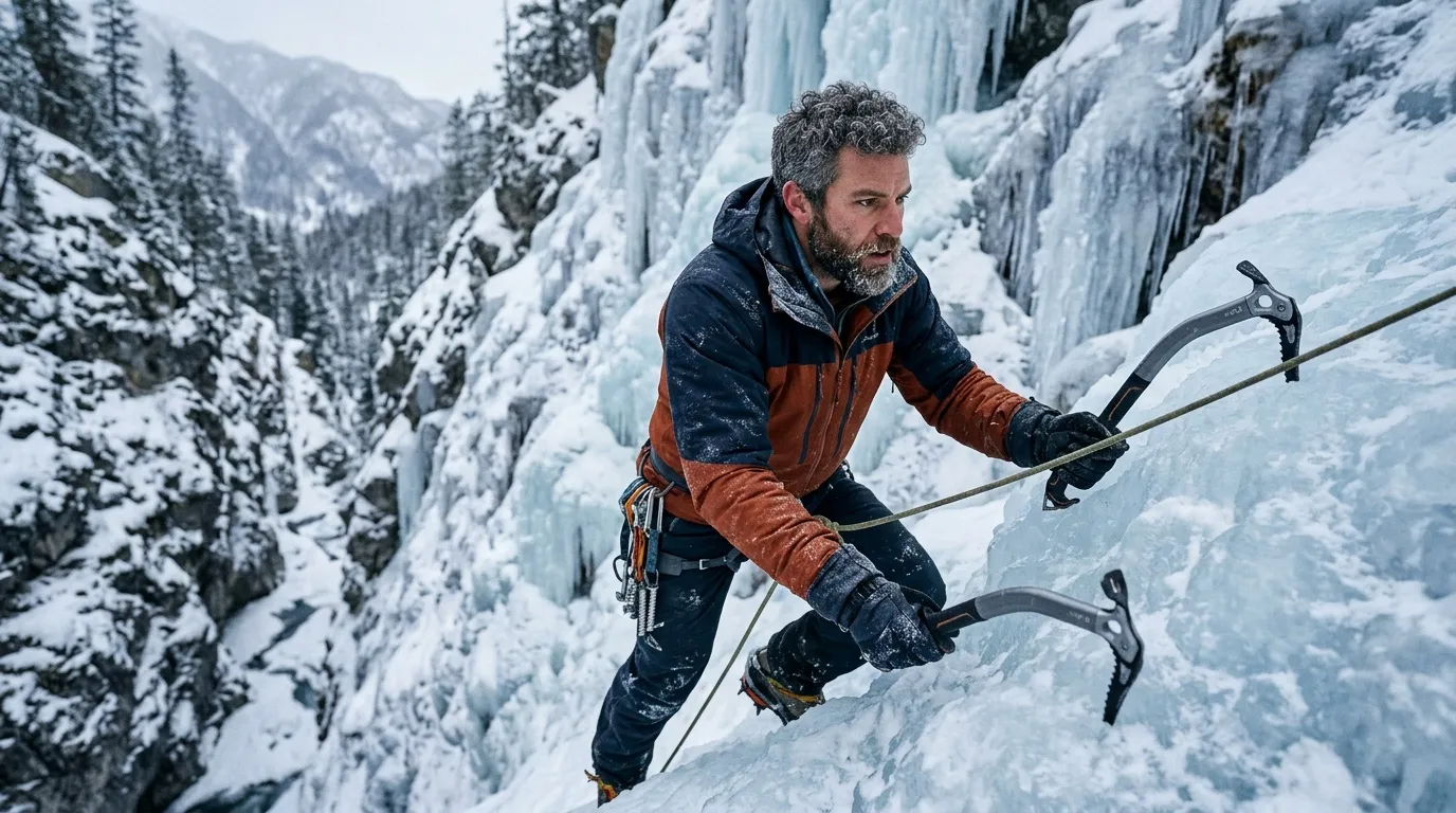 Alpiniste escaladant une cascade gelée avec piolets et équipement