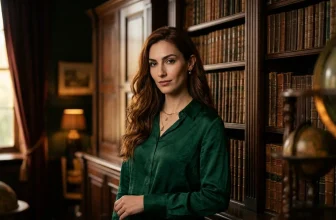 Femme en chemise verte posant dans une bibliothèque avec livres anciens