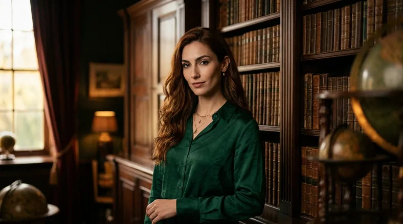 Femme en chemise verte posant dans une bibliothèque avec livres anciens