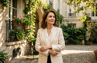 Femme en blazer beige souriante dans une cour parisienne verdoyante