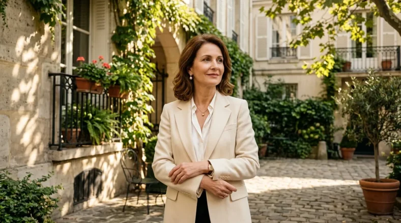 Femme en blazer beige souriante dans une cour parisienne verdoyante
