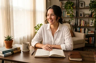 Femme souriante écrivant dans un carnet à son bureau