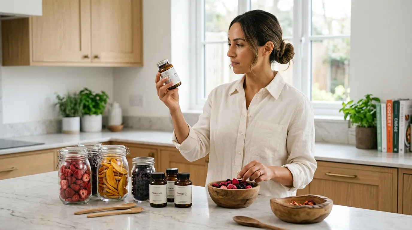 Femme en cuisine examine une bouteille de supplément avec fruits et vitamines