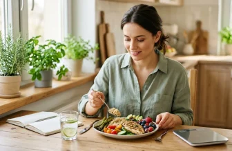 Femme souriante dégustant un repas équilibré à sa table de cuisine