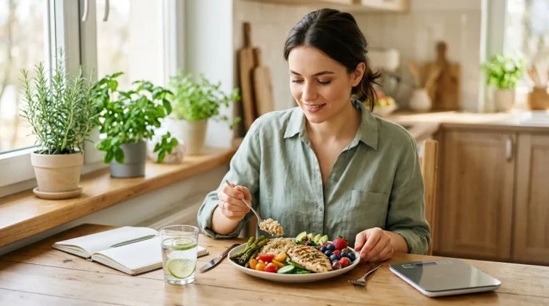 Femme souriante dégustant un repas équilibré à sa table de cuisine
