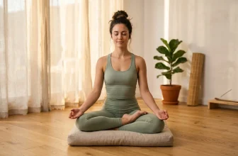 Femme en tenue de yoga méditant en position lotus sur tapis
