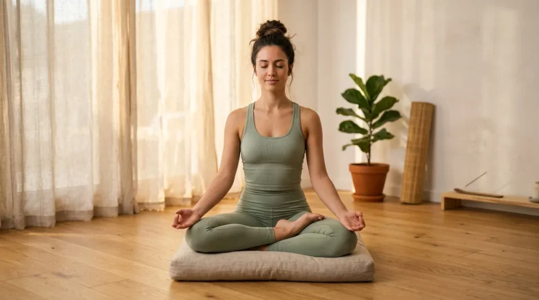 Femme en tenue de yoga méditant en position lotus sur tapis