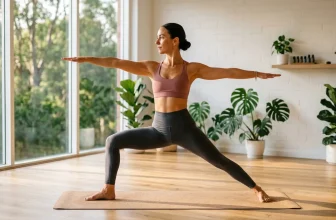 Femme en position yoga guerrier sur tapis devant fenêtre