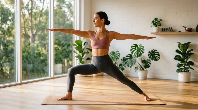 Femme en position yoga guerrier sur tapis devant fenêtre