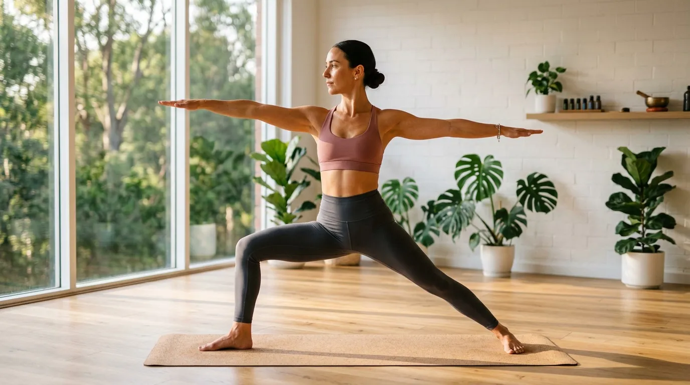 Une adulte tient une posture de yoga guerrier sur un tapis dans une piĂšce claire.