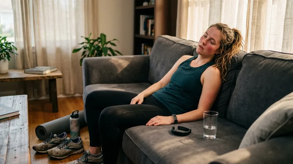 Femme fatiguée assise sur canapé après entraînement sportif
