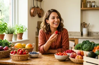 Femme tenant framboise, entourée de fruits et légumes frais