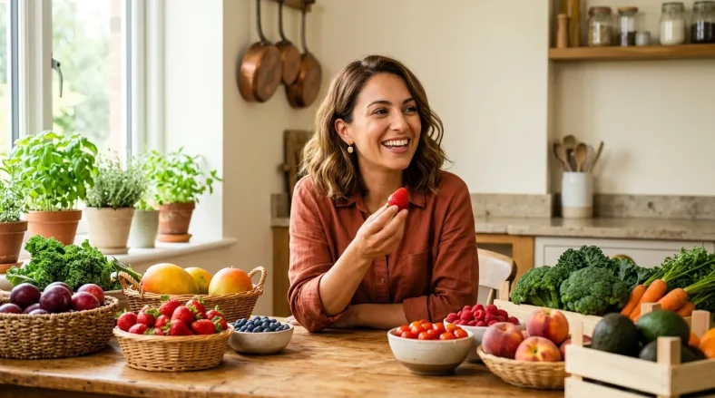 Femme tenant framboise, entourée de fruits et légumes frais