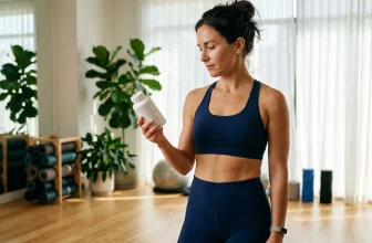 Femme en tenue de sport tenant un flacon blanc dans son studio fitness