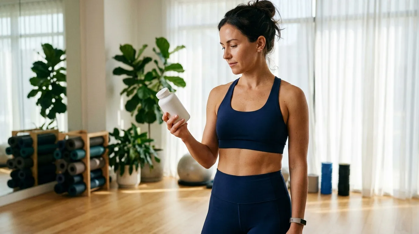 Femme en tenue de sport tenant un flacon blanc dans son studio fitness